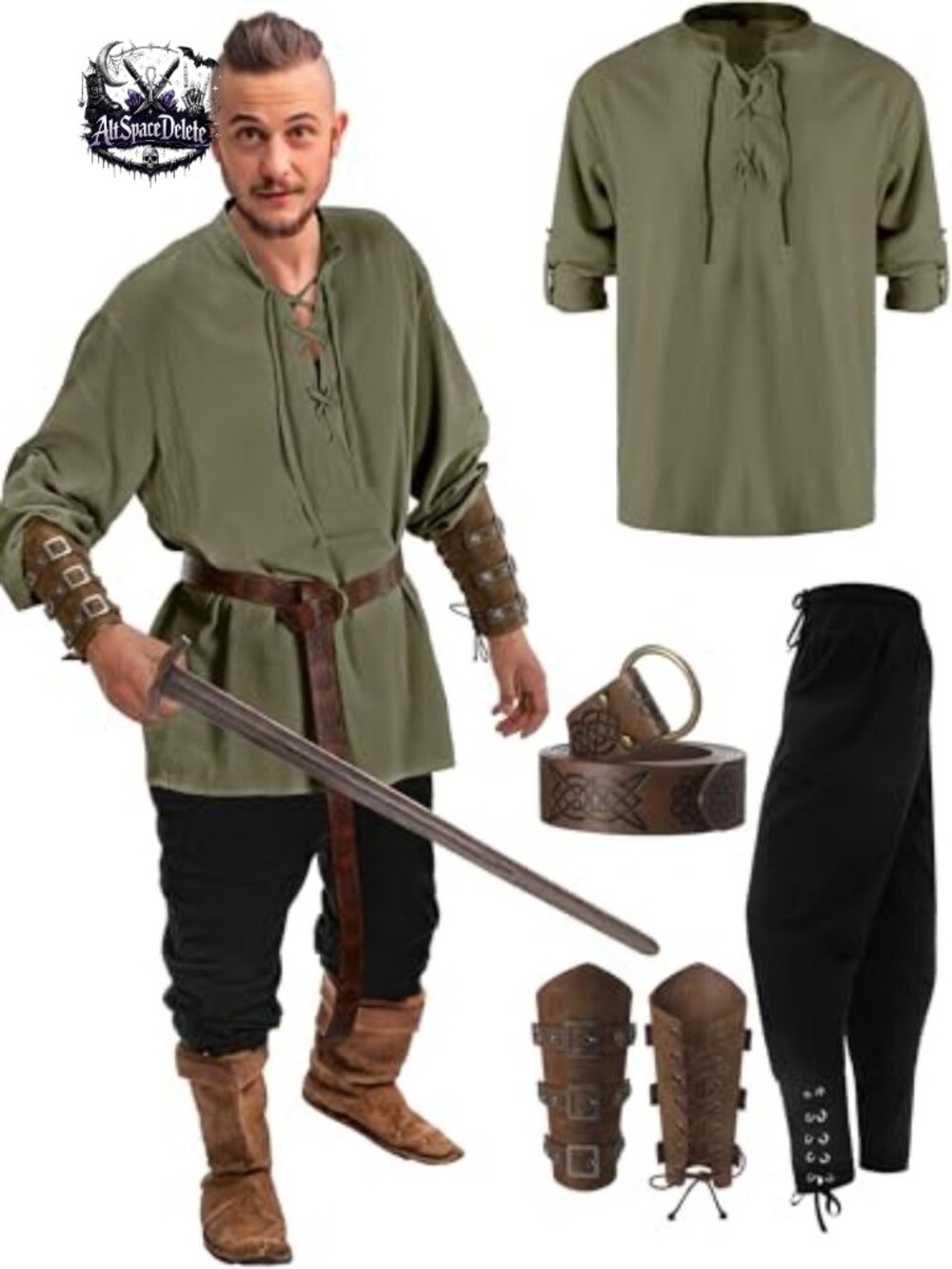 Men Renaissance Medieval Costume 4 Pc Cotton Lace Shirt Pants Belt Wrist Guards